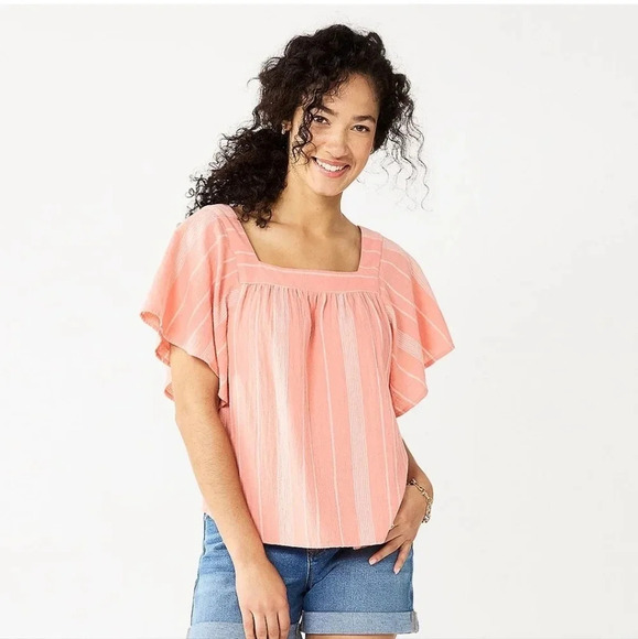 SONOMA | Flutter Shoulder Top in Coral Cream Stripe sz M - Picture 8 of 8